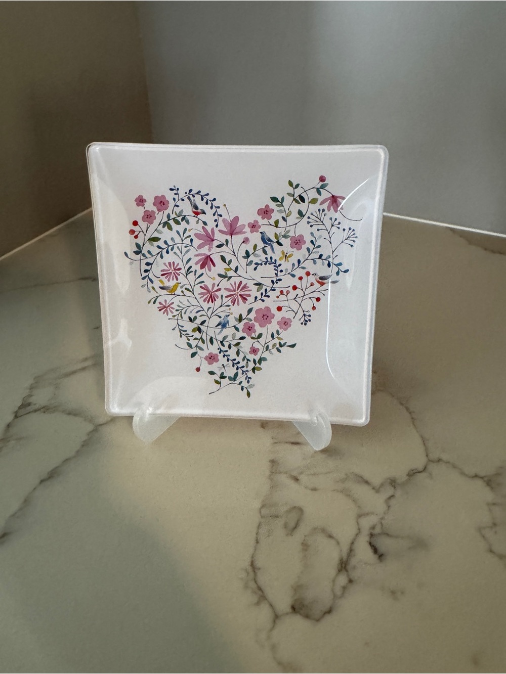 Floral Heart Glass Dish - White with Multicolor Floral Motif in Heart Shape